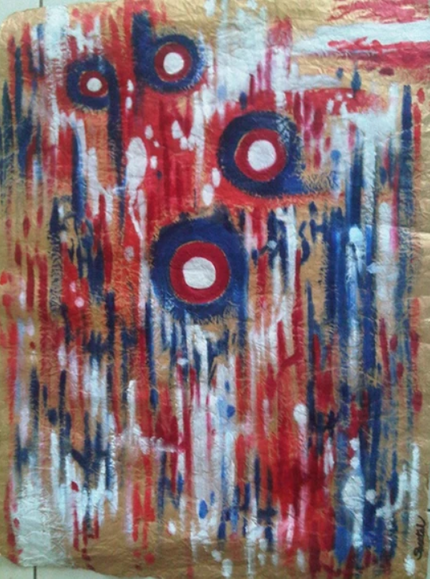 Aloof yet Attached: An oil on handmade paper. Again an abstract showing the mind of a human physically present with others yet aloof and detached. The circles symbolize humans and the lines are the connections between them.